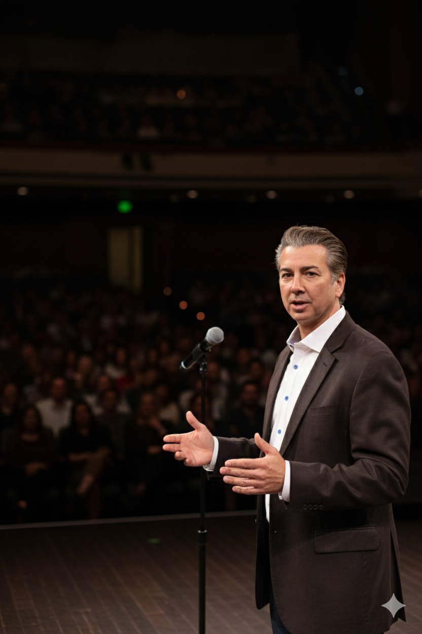Robb Campbell speaking on stage to a live audience
